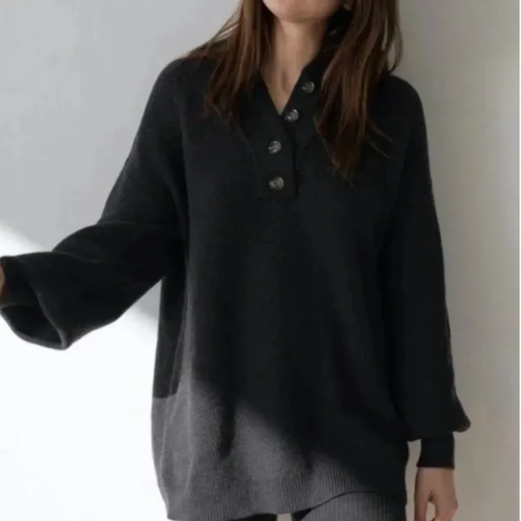 Lunya Good in Bed Waffle Sweater Cotton Silk Henley Onyx Front Button Heavy Knit Gray Size M - Image 8