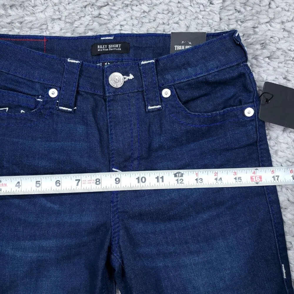 True Religion Riley Big T Raw Hem Mid Rise Bermuda Jean Shorts Dark Wash Size 27 - Image 5