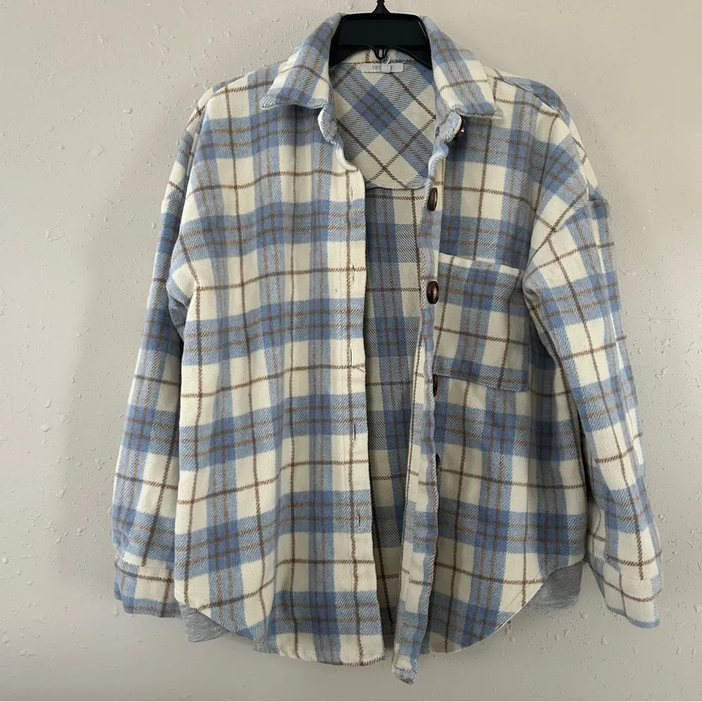 Veveret Blue Cream Plaid Shacket Flannel Jacket Fall Spring Comfy Casual Large - Image 5