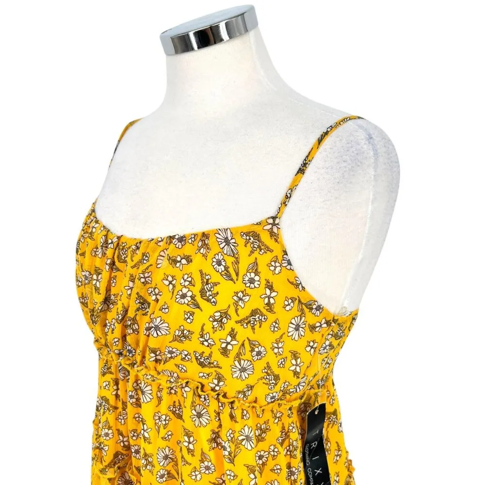 Trixxi Babydoll Floral Print Tiered Mini Dress Smocked Back Yellow Size Medium N - Image 7