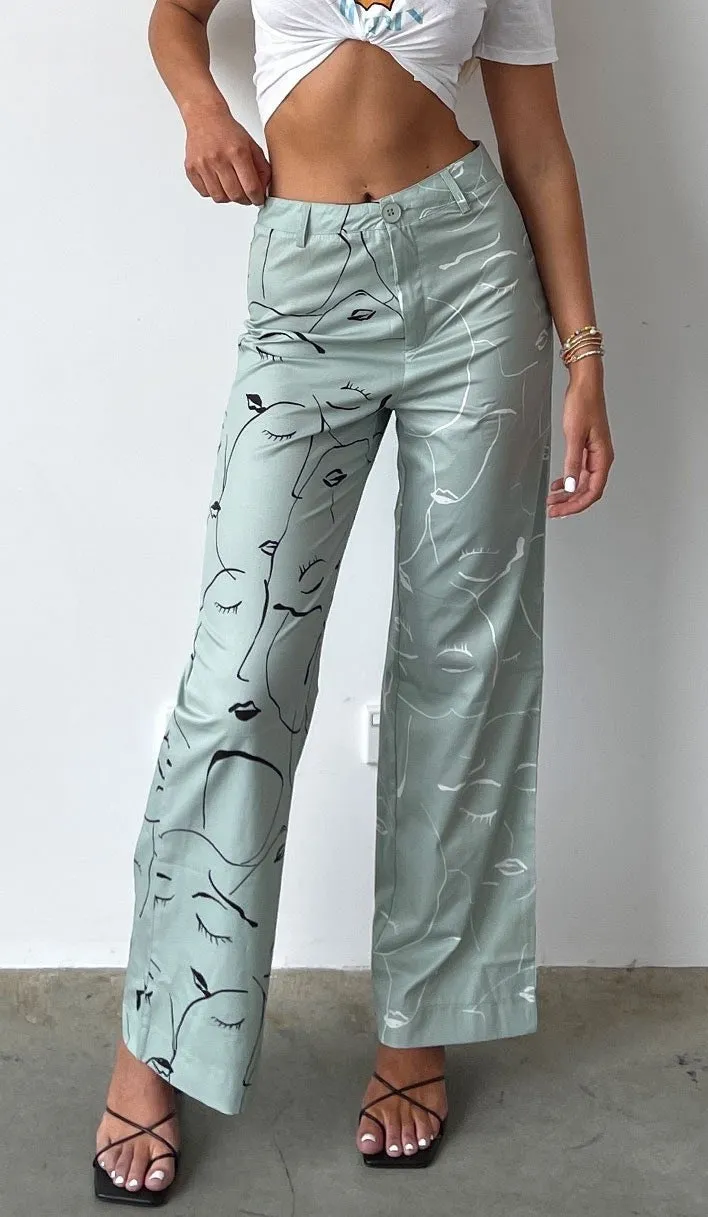 Princess Polly XX Face It Print Wide Leg Pants Sage Green Women's Size 4 - Image 1