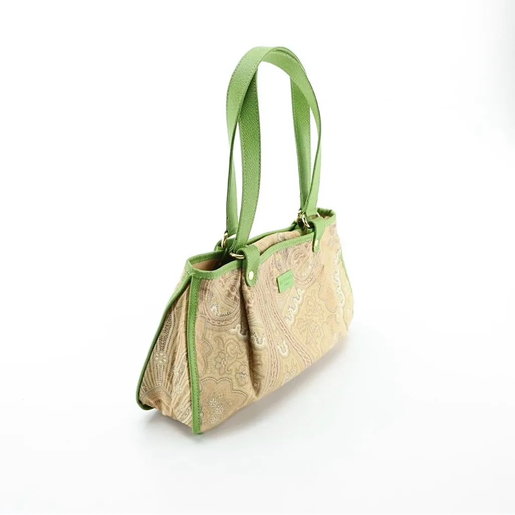 ETRO GREEN FAUX LEATHER TRIM W/TAN & GRAY COTTON PAISLEY PRINT BODY SATCHEL BAG - Image 7