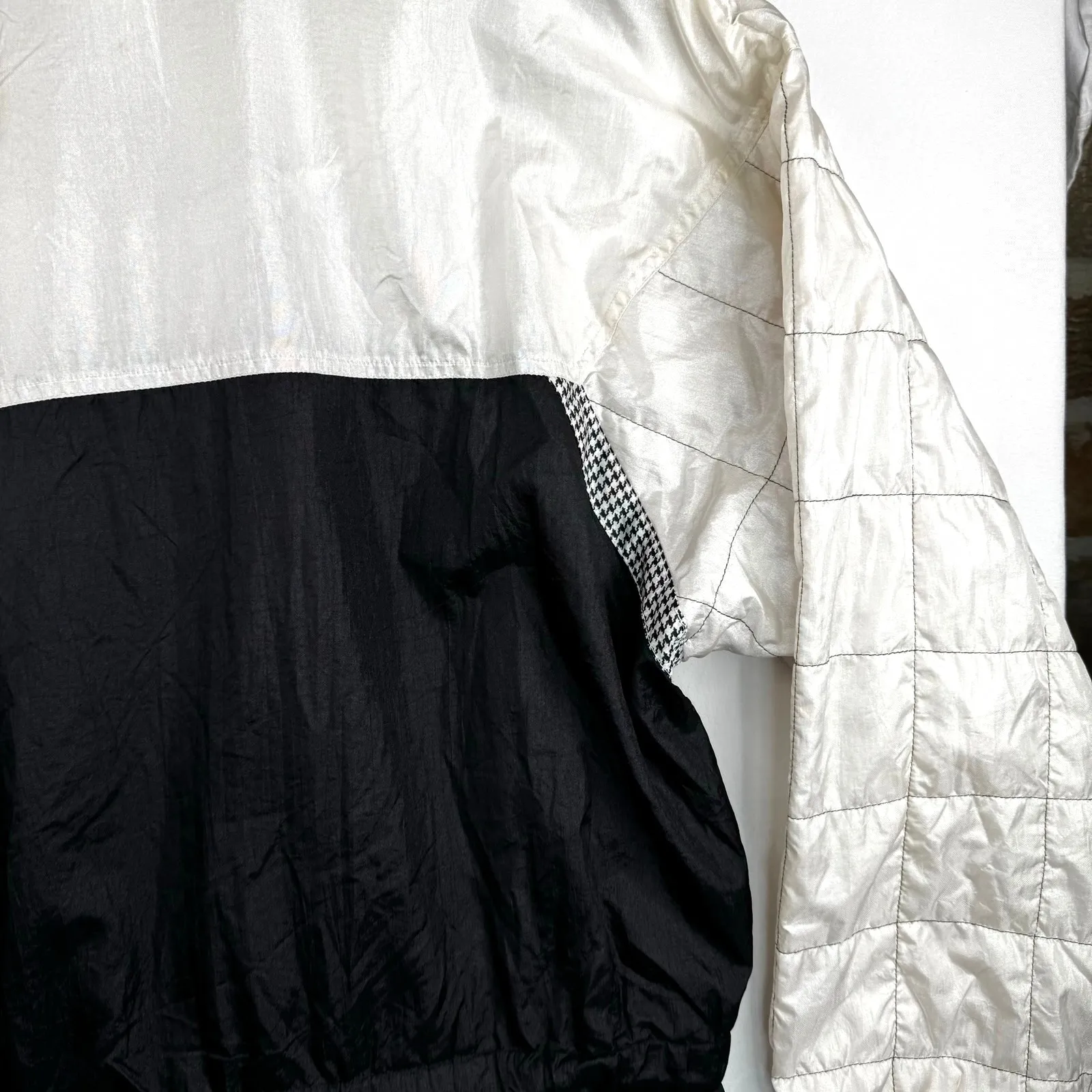 Vintage Lavon Nylon Windbreaker Jacket Womens XL Black White Houndstooth 90s - Image 9