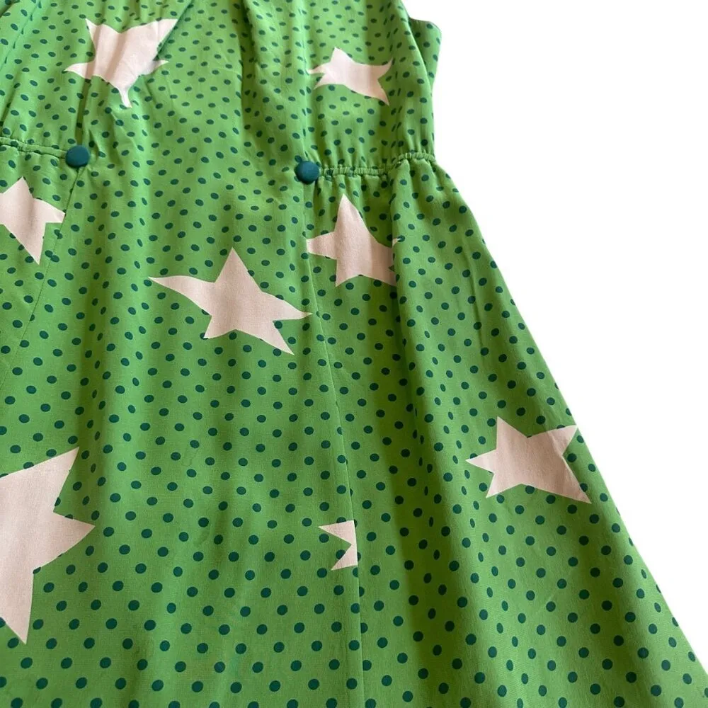 Girls From Savoy Anthropologie Green Star Print Silk Dress A - Image 6