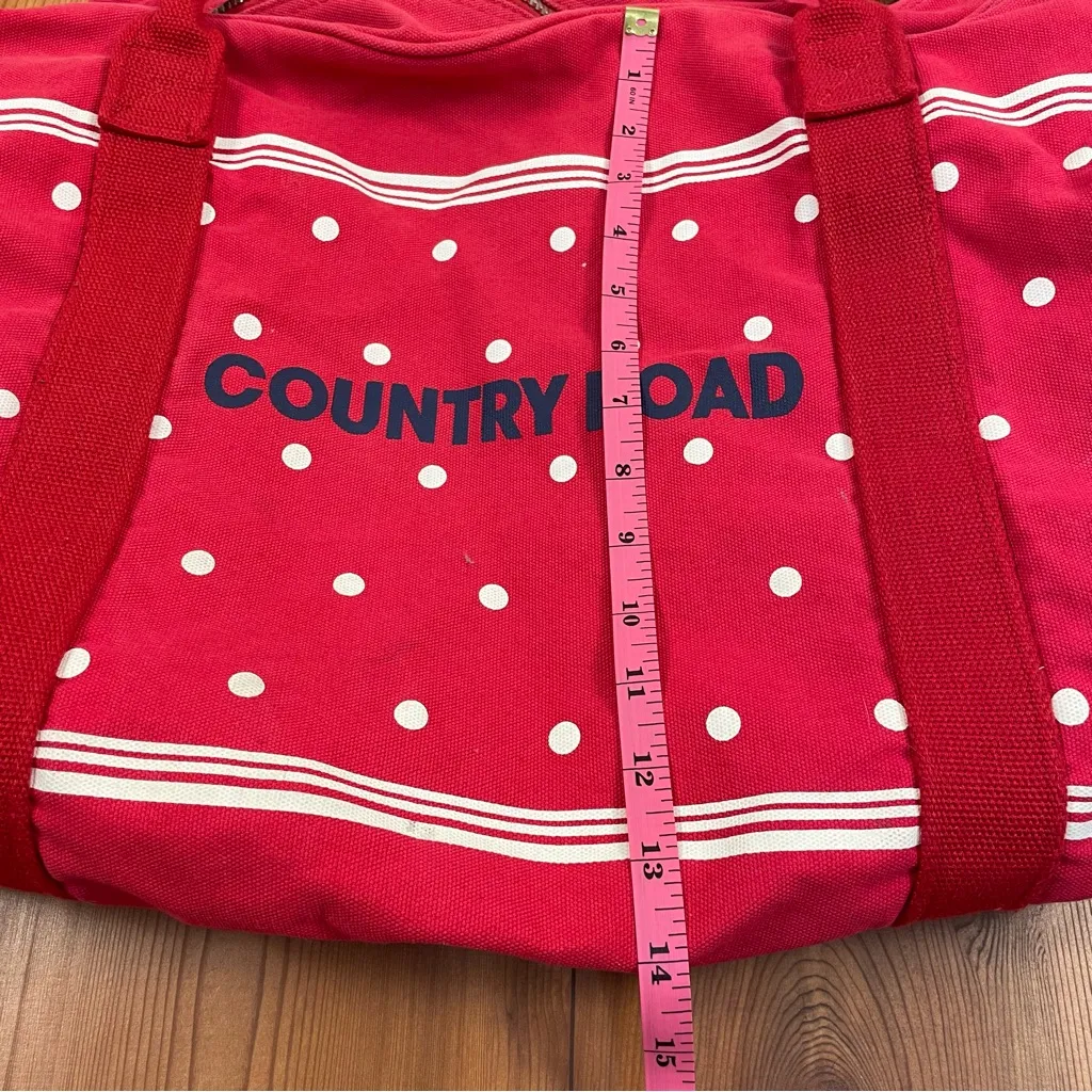 Country Road (AUS) Duffle Weekender Bag Zipper Tote Red Canvas White Polka Dot - Image 7