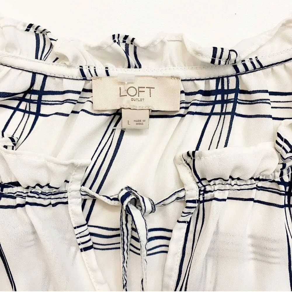Loft Women's Tops Ruffle Tie-Neck White Blue Windowpane Dress Blouse‎ - L - Image 12