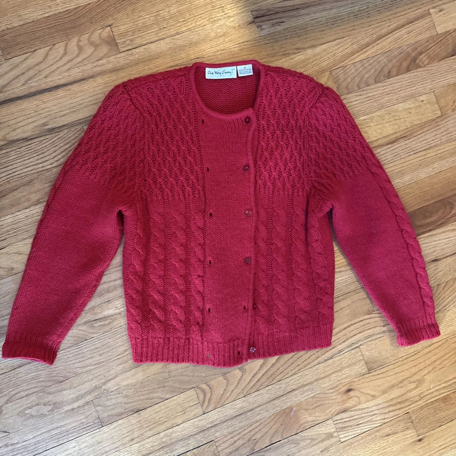Vtg The Very Thing Sweater DBL Breasted Red Shetland Wool Cable Knit M 80s Size M - Image 5