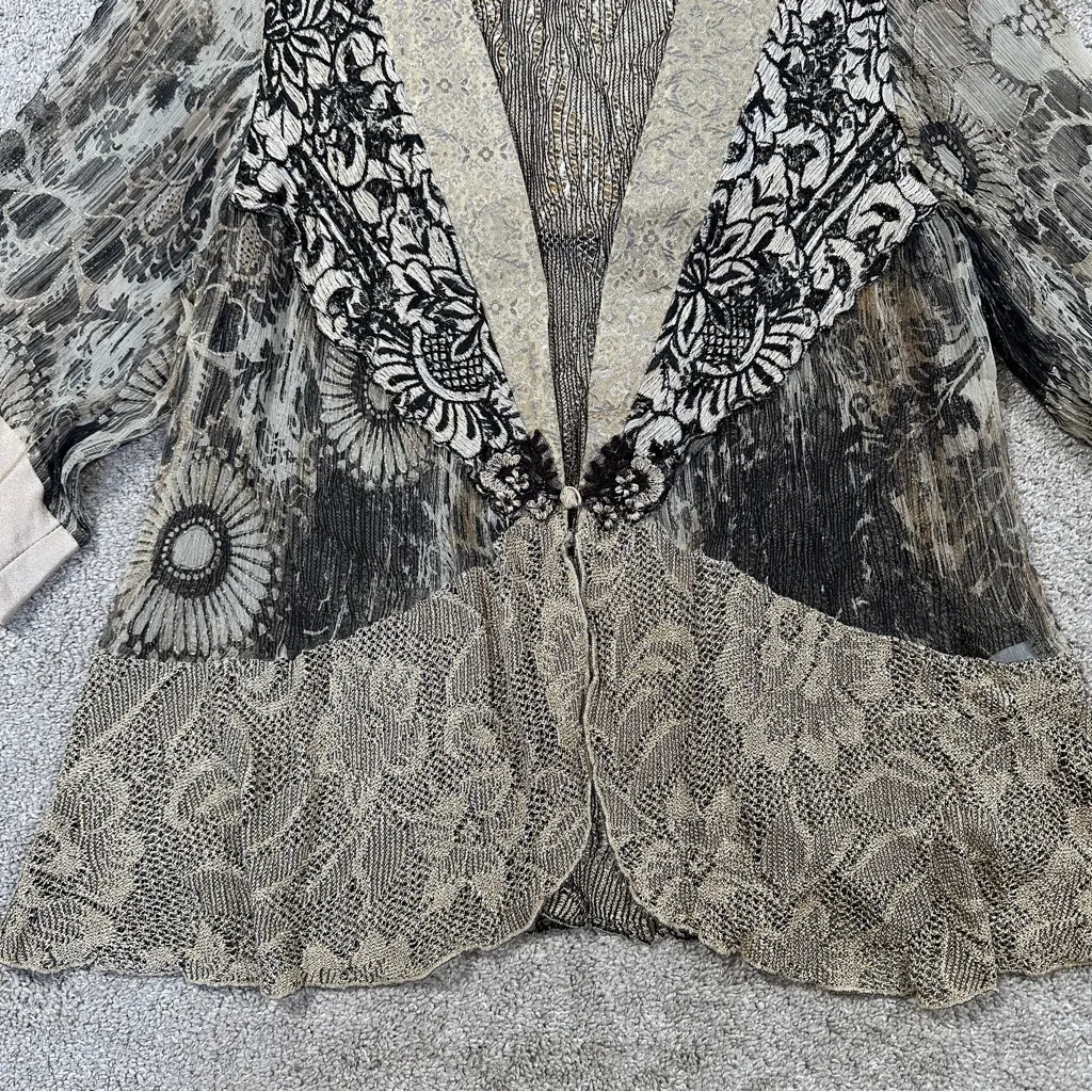 Spencer Alexis Vintage Silk Blend Kimono Top Floral Lace Embroidered Fairy L Tan Size L - Image 3