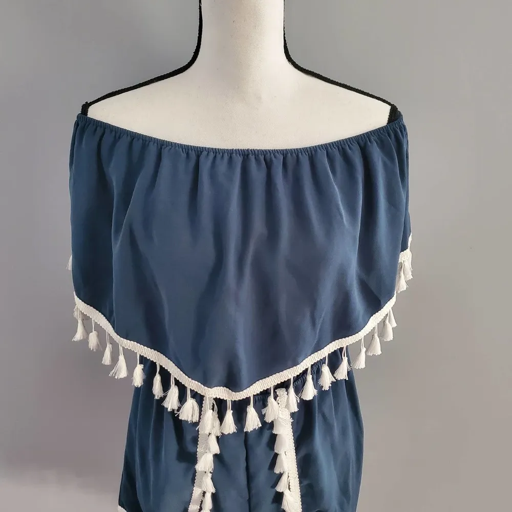 Jack by BB Dakota Blue Off The Shoulder Faith Fringe Trim Romper M - Image 3