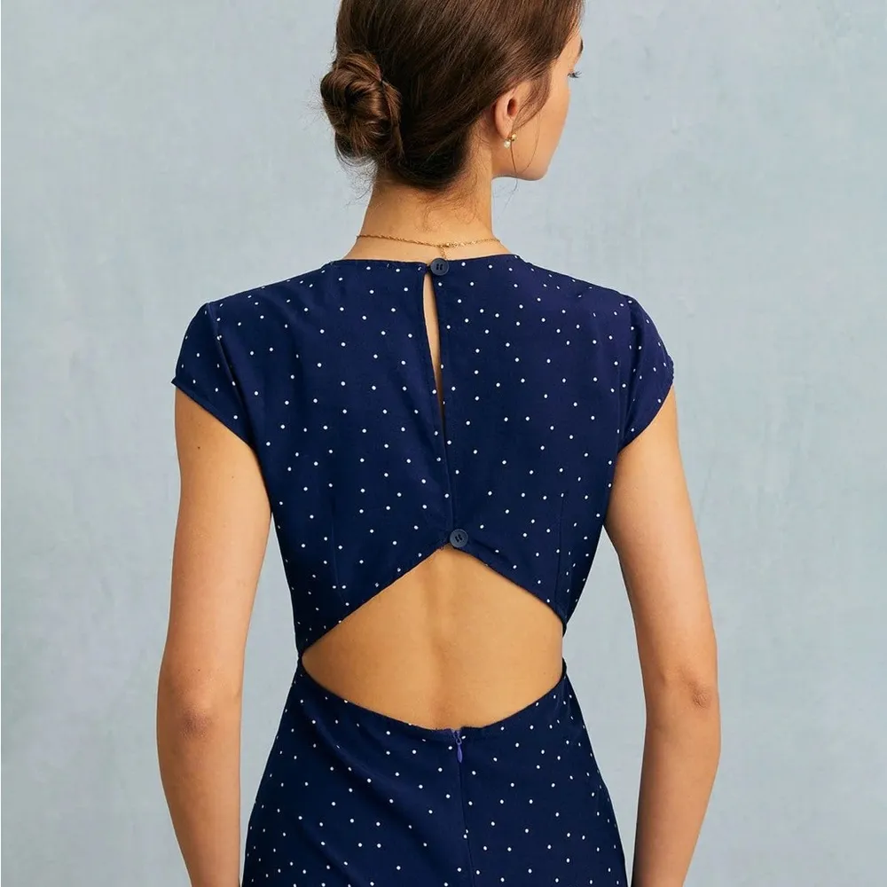 RIHOAS The Navy Round Neck Polka Dot Cutout Midi Dress 74 Blue - Image 6