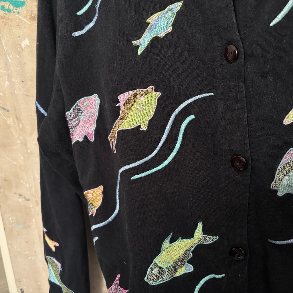 Vintage Michael Simon Embroidered Fish Cardigan Black Size L - Image 3