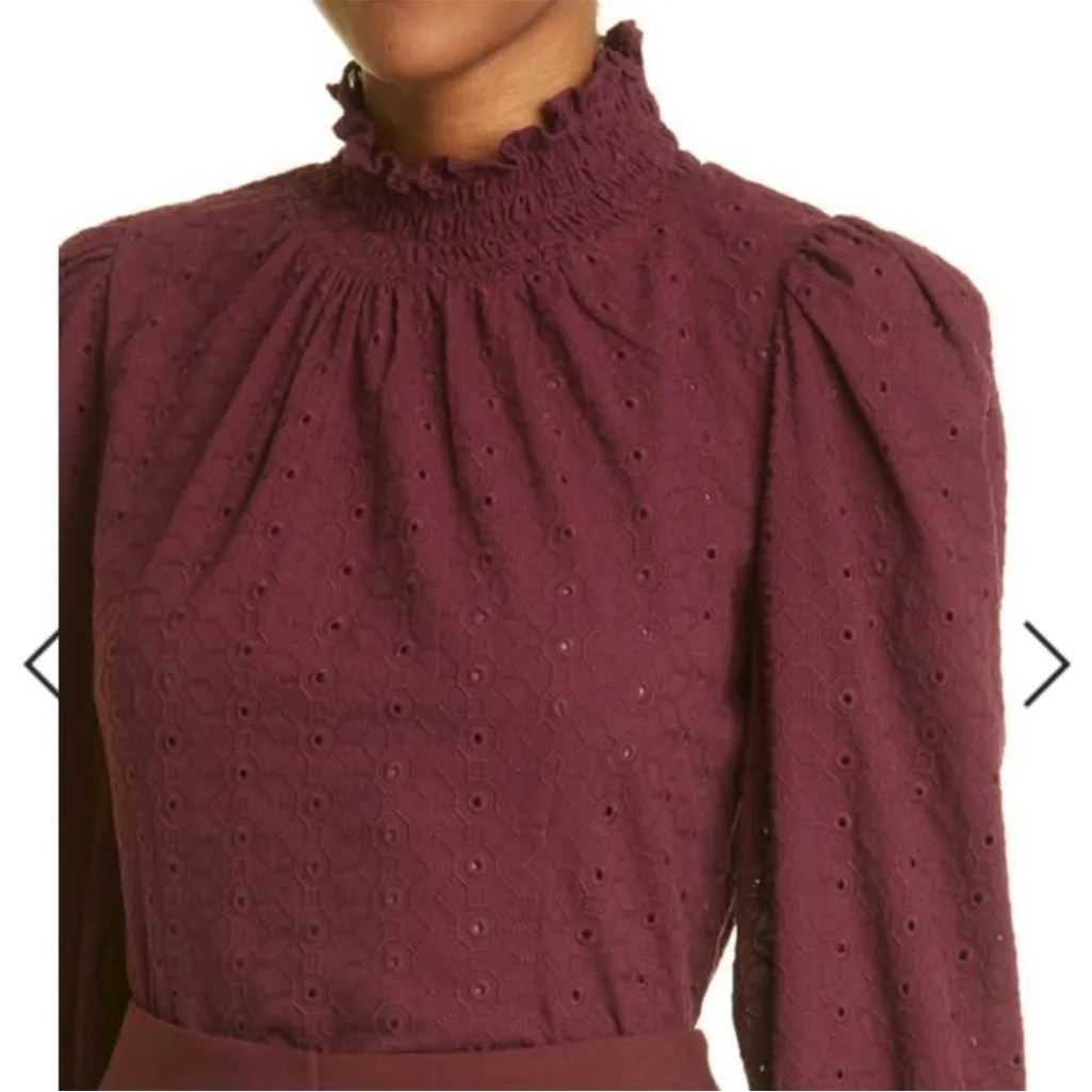 Veronica Beard Gaia Smocked Cotton Eyelet High Neck Merlot Burgundy Top Size 6 - Image 4