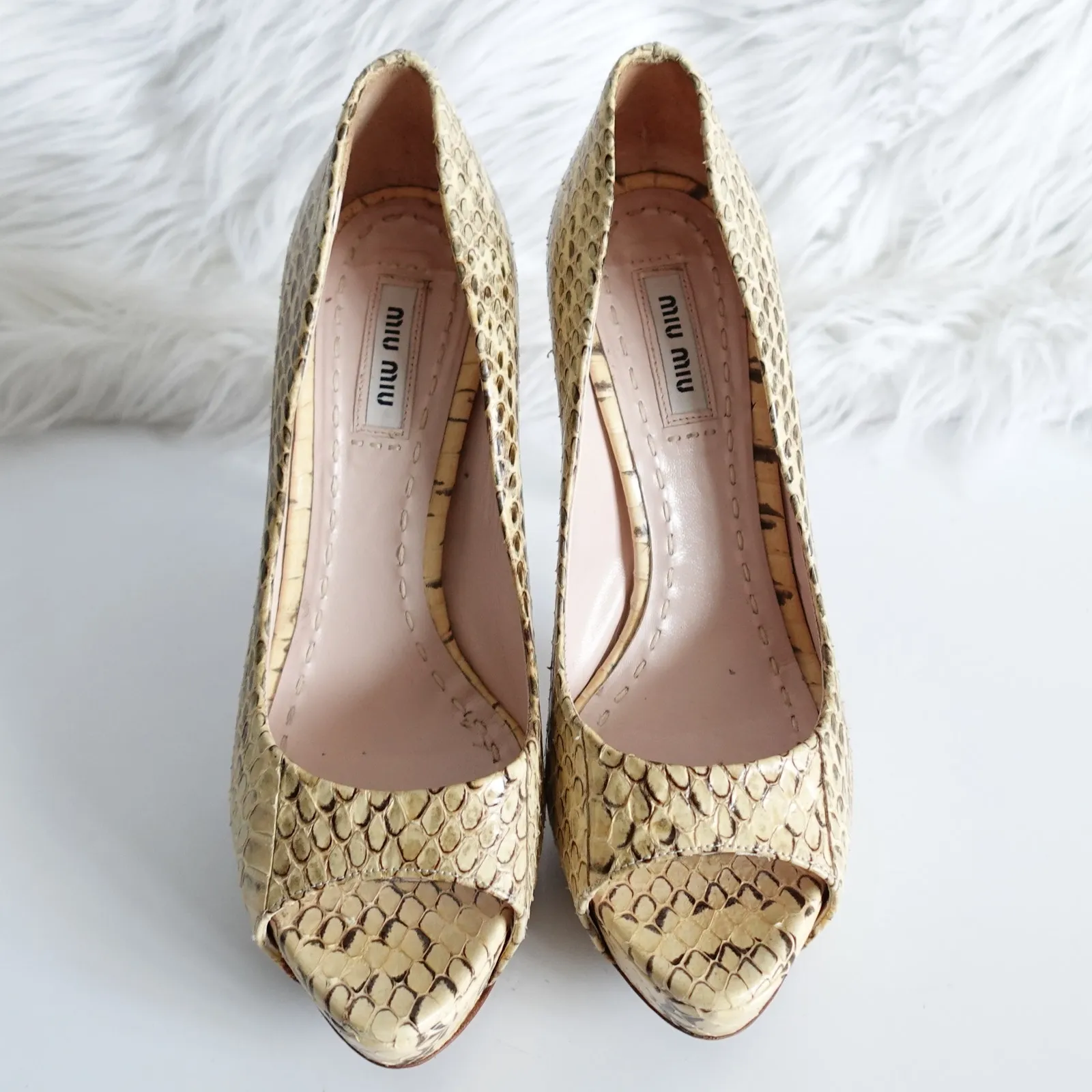 Vintage Y2K Miu Miu Python Snakeskin Peep Toe High Heel Platform Pumps - Image 4