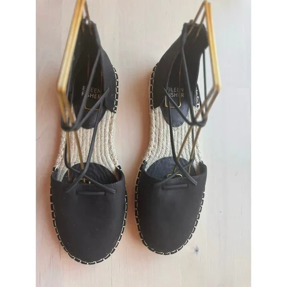 Eileen Fisher black Lace Leather Espadrille size 7.5 - Image 2