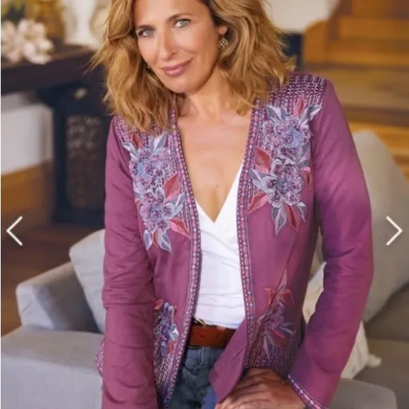 Soft Surroundings Floral Embroidered Mauve‎ Jacket Cardigan Size XS Boho Western - Image 3