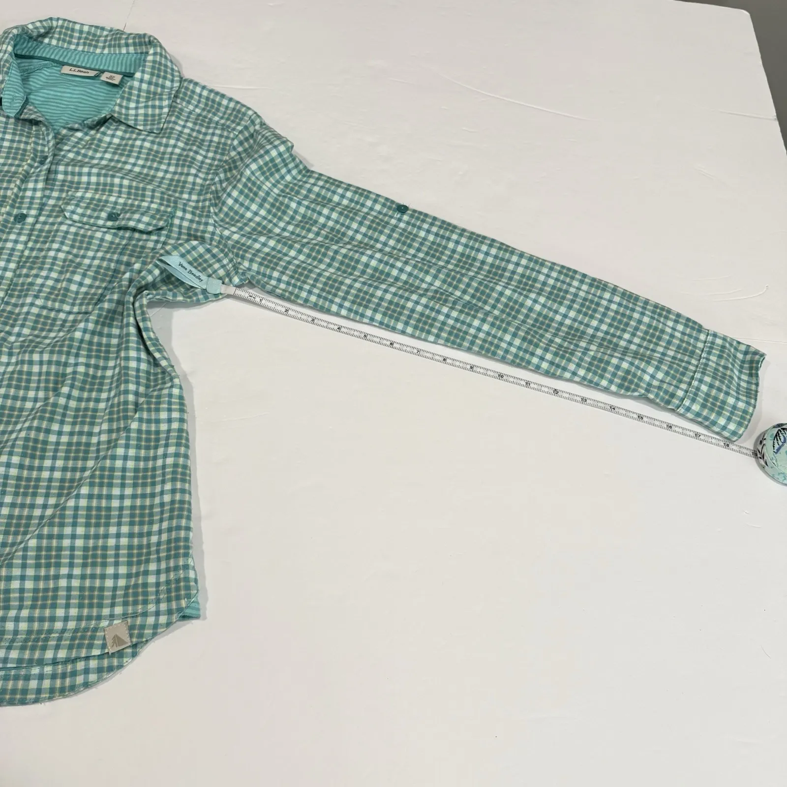 LL Bean Green Plaid Double Cloth Performance UPF Nylon Button Down Shirt Size XS - Image 7