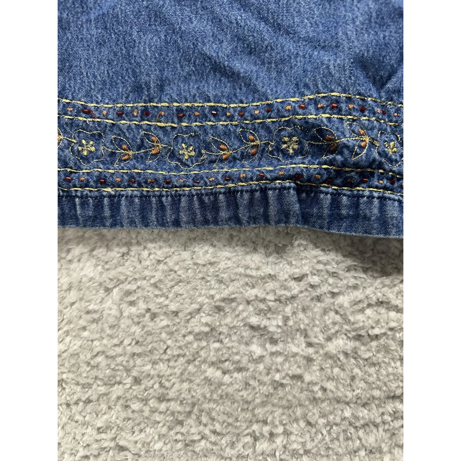 ERIKA Vintage Blue Denim Button Up Shirt L 3/4 Sleeve Fall Leaves Embroidery - Image 2