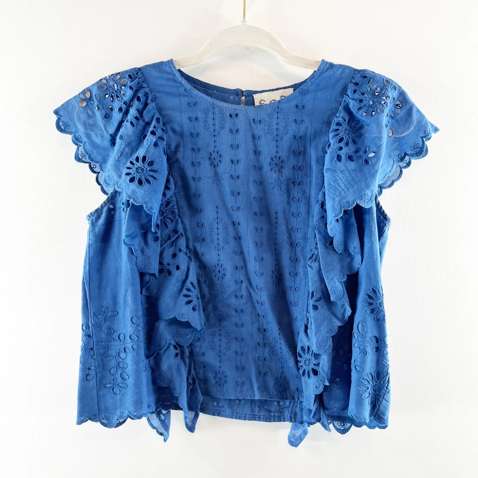 Sea New York Cropped Eyelet Ruffle Cotton Top Blouse Blue 4 - Image 2
