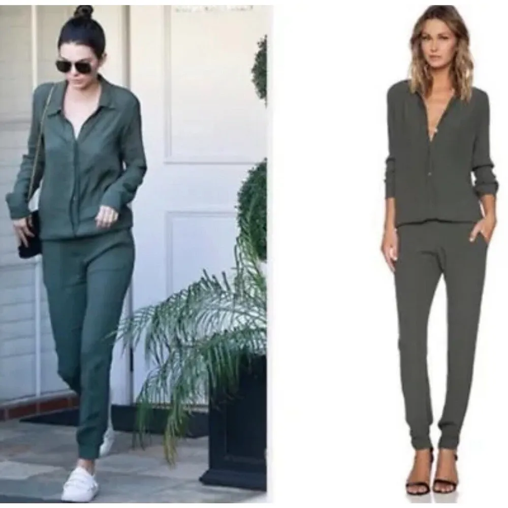 MONROW Crepe Long Sleeve Loose Fit Button Front Tapered Leg Jumpsuit Green Sz XS - Image 2