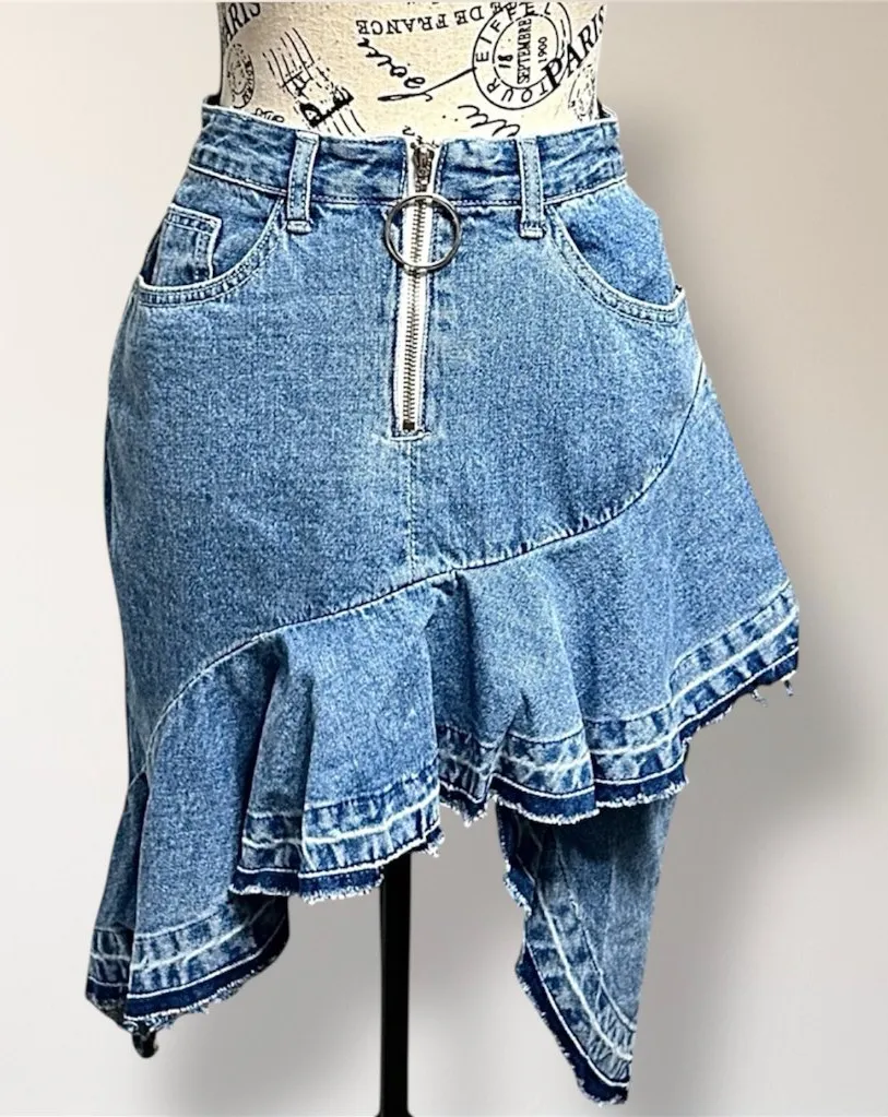 After Market S Blue Denim Asymmetrical Ruffle Raw Hem Skirt Zip Front Y2K Boho - Image 1