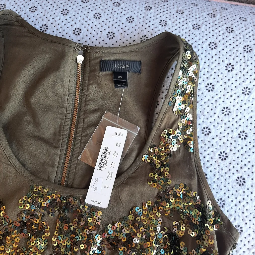 J.Crew Iridescent Sequin Shift Mini Dress Olive Green Size 00 100% Cotton - Image 4