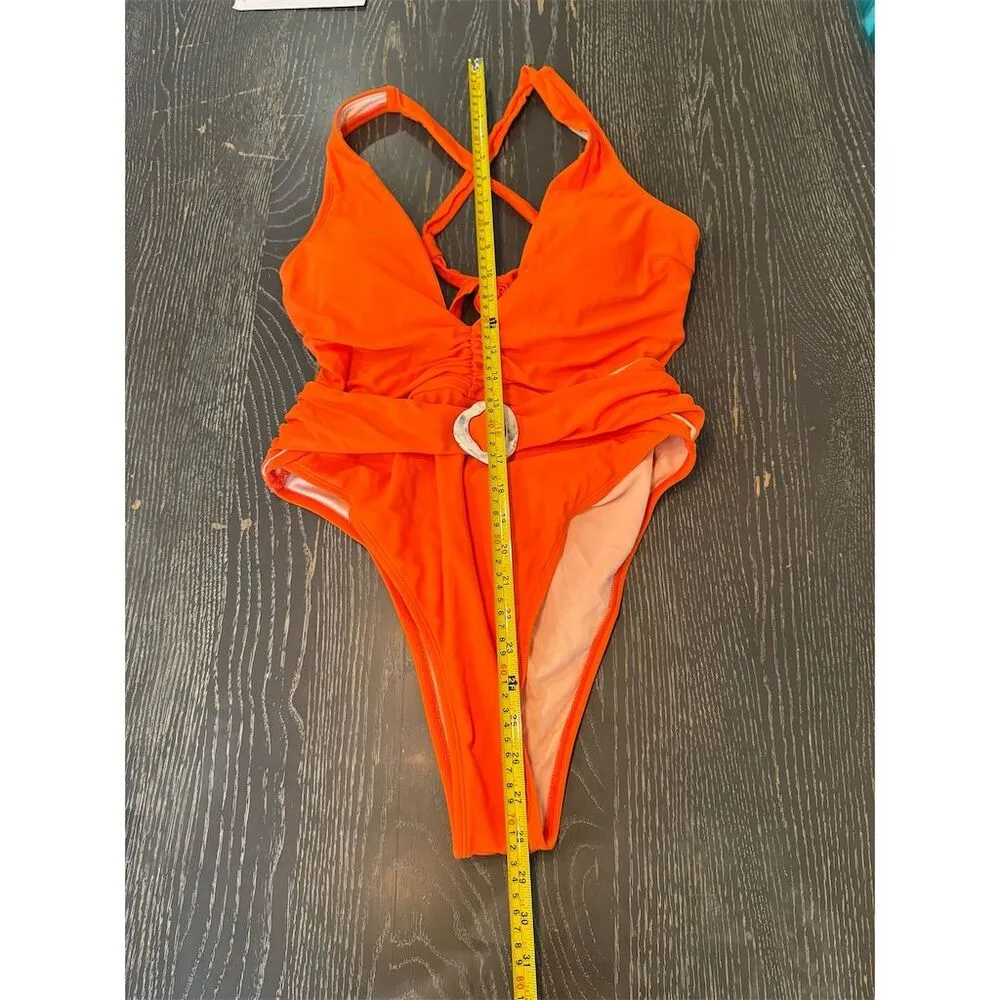 CUPSHE Women's Deep V One Piece Swimsuit Crisscross Back Orange L - Image 3