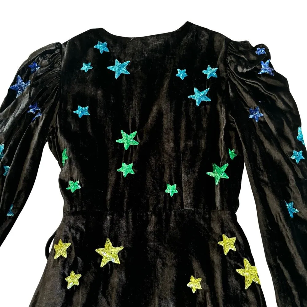 Rococo Sand Amos Black Velvet Sequin Star Wrap Mini Dress Women’s Size Small NWT - Image 8