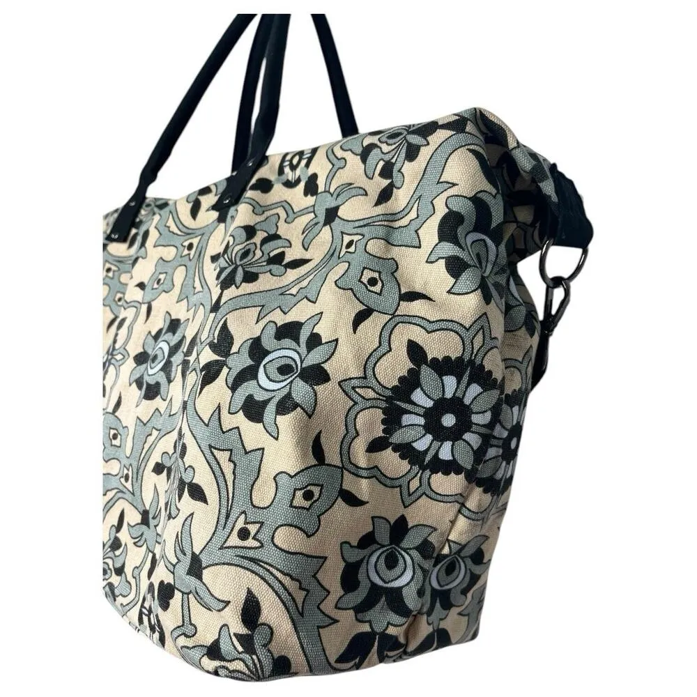 Lulu Dharma Weekender Bag Canvas Duffle Floral Geometric Shoulder Strap Blue - Image 8