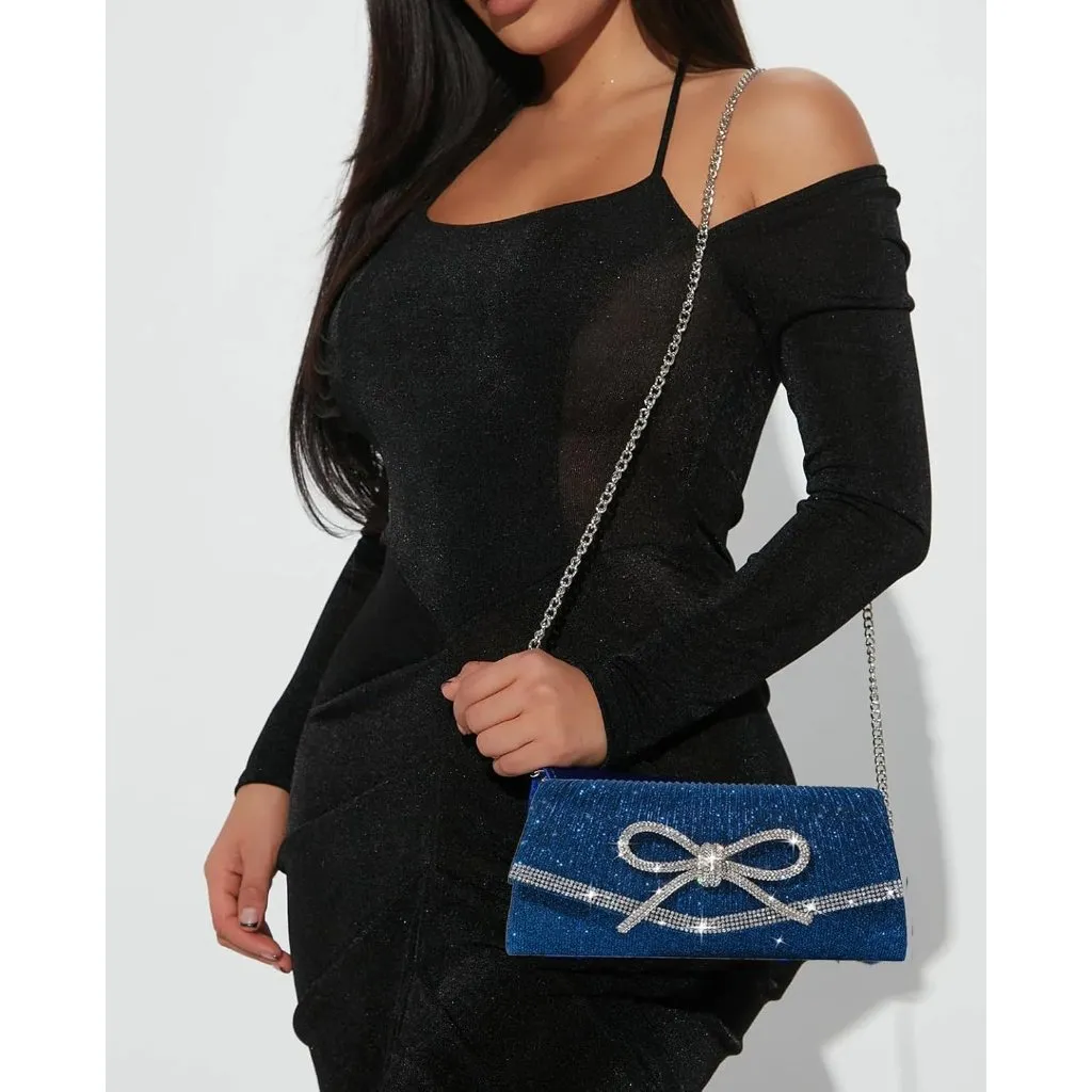 ⚡ Women's Blue Bow Sparkly Glitter Evening Rhinestone Party Prom Clutch Bag - Image 3