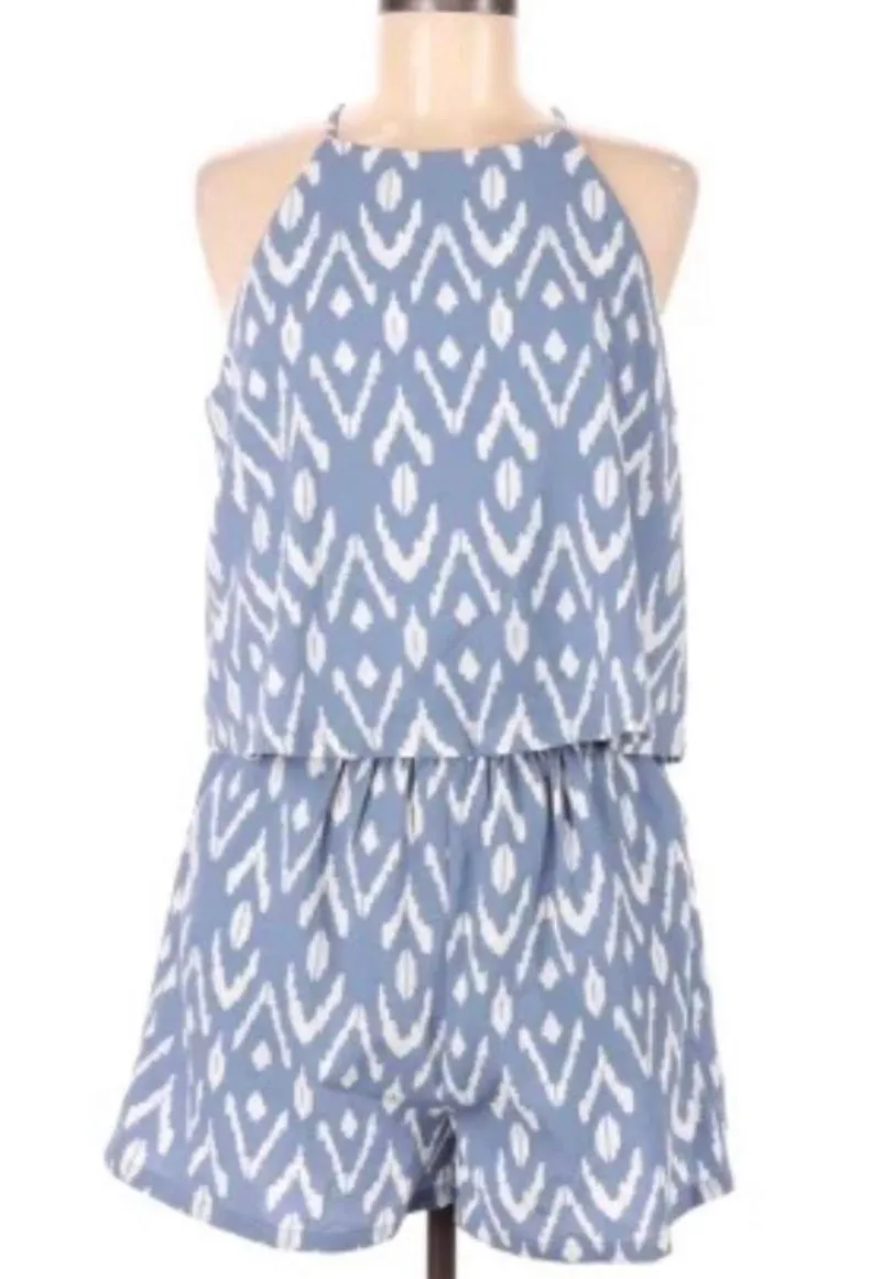 White And Blue Printed Romper - Image 2