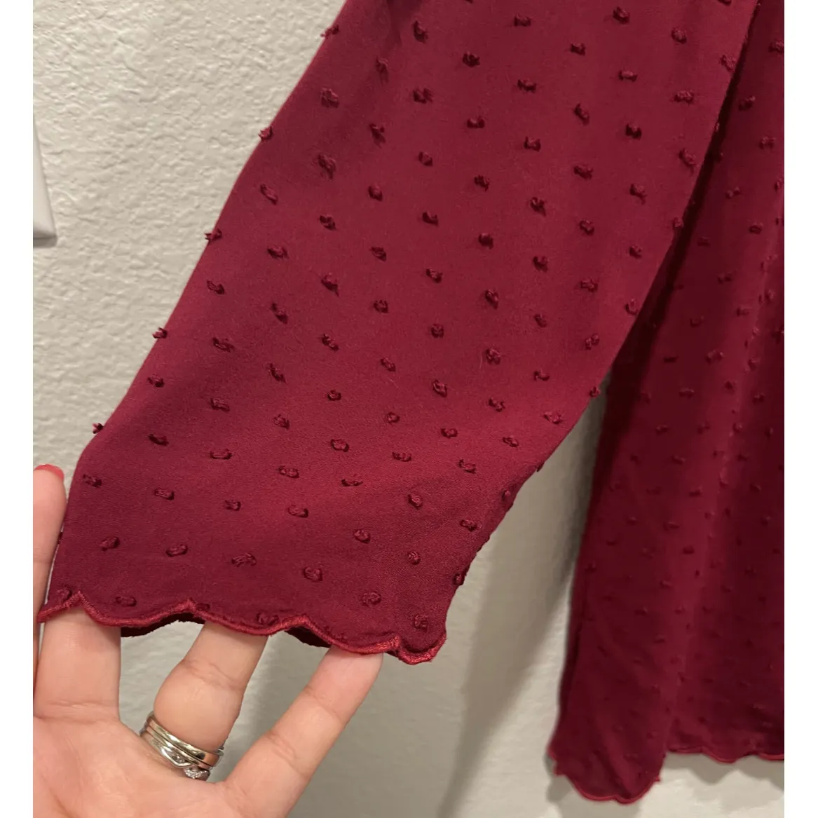 Anthropologie MAEVE Burgundy Swiss Dot Maroon Scalloped Edge Blouse - Image 3