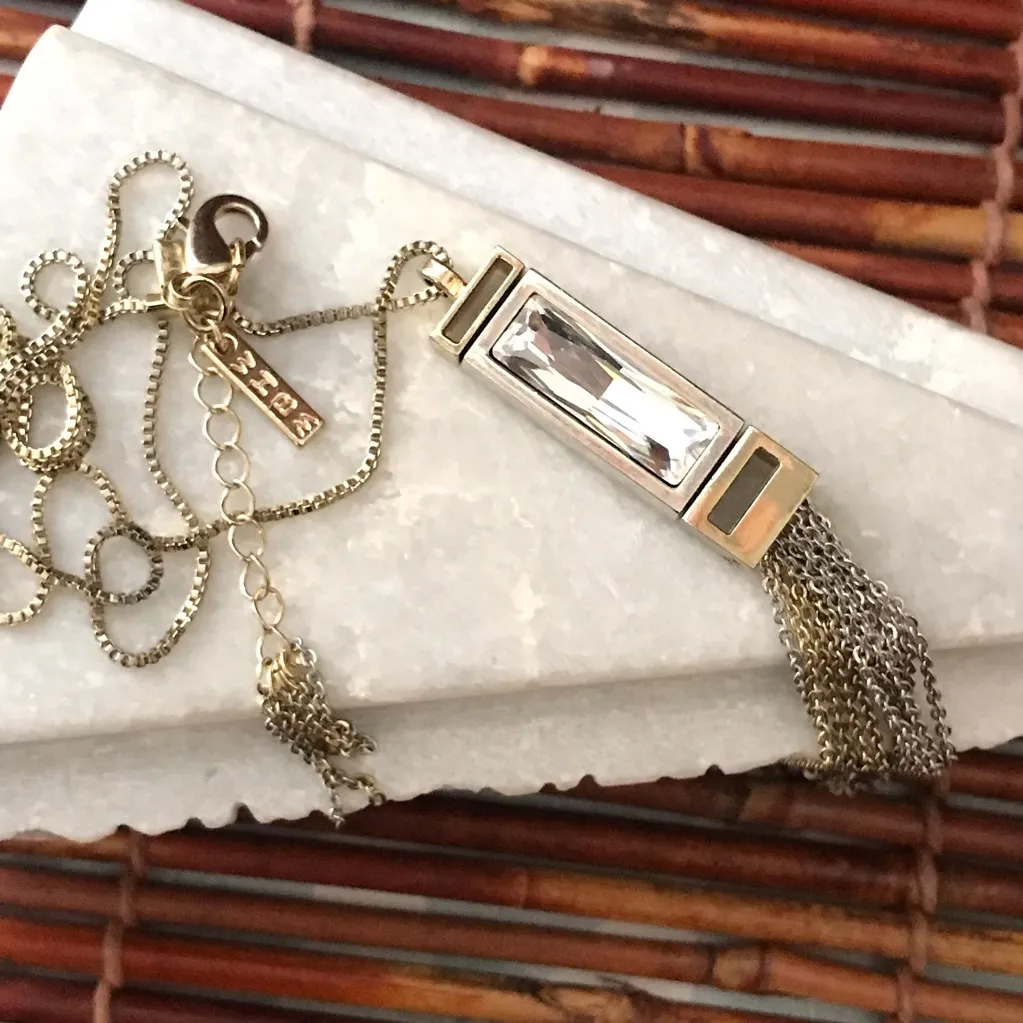 White House Black Market SIlver & Gold Tone Crytal Tassel Necklace - Image 5