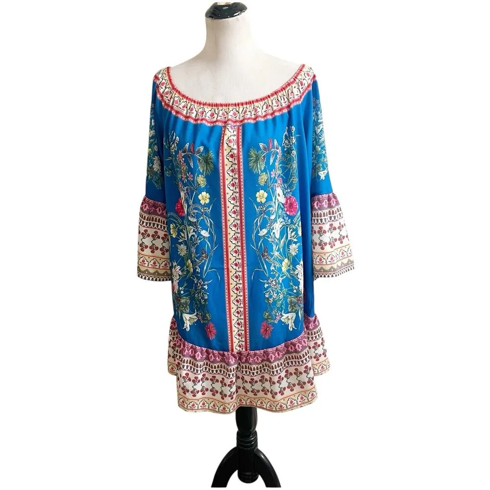 Umgee Scarf Print Knee Length Dress Size Large Bohemian Multicolor Off Shoulder - Image 2