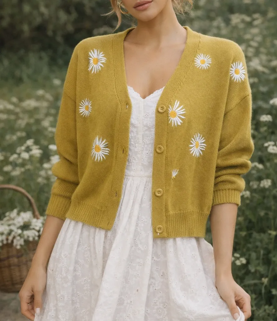Daisy Knit Embroidered Button Cardigan Dainty Floral V Neck Girly Large Yellow White - Image 1