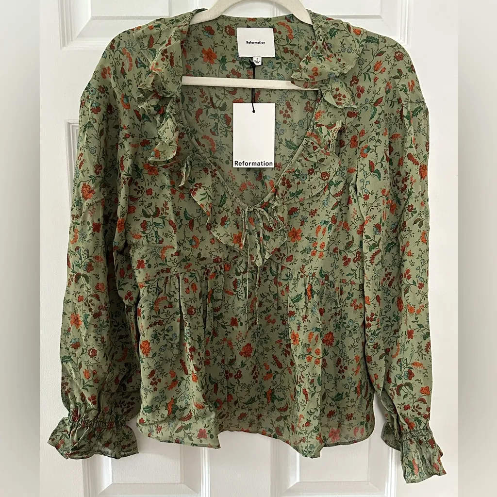 Reformation Wyn Floral Top Green 0 Ruffle Puff Sleeve Cottagecore Blouse - Image 10