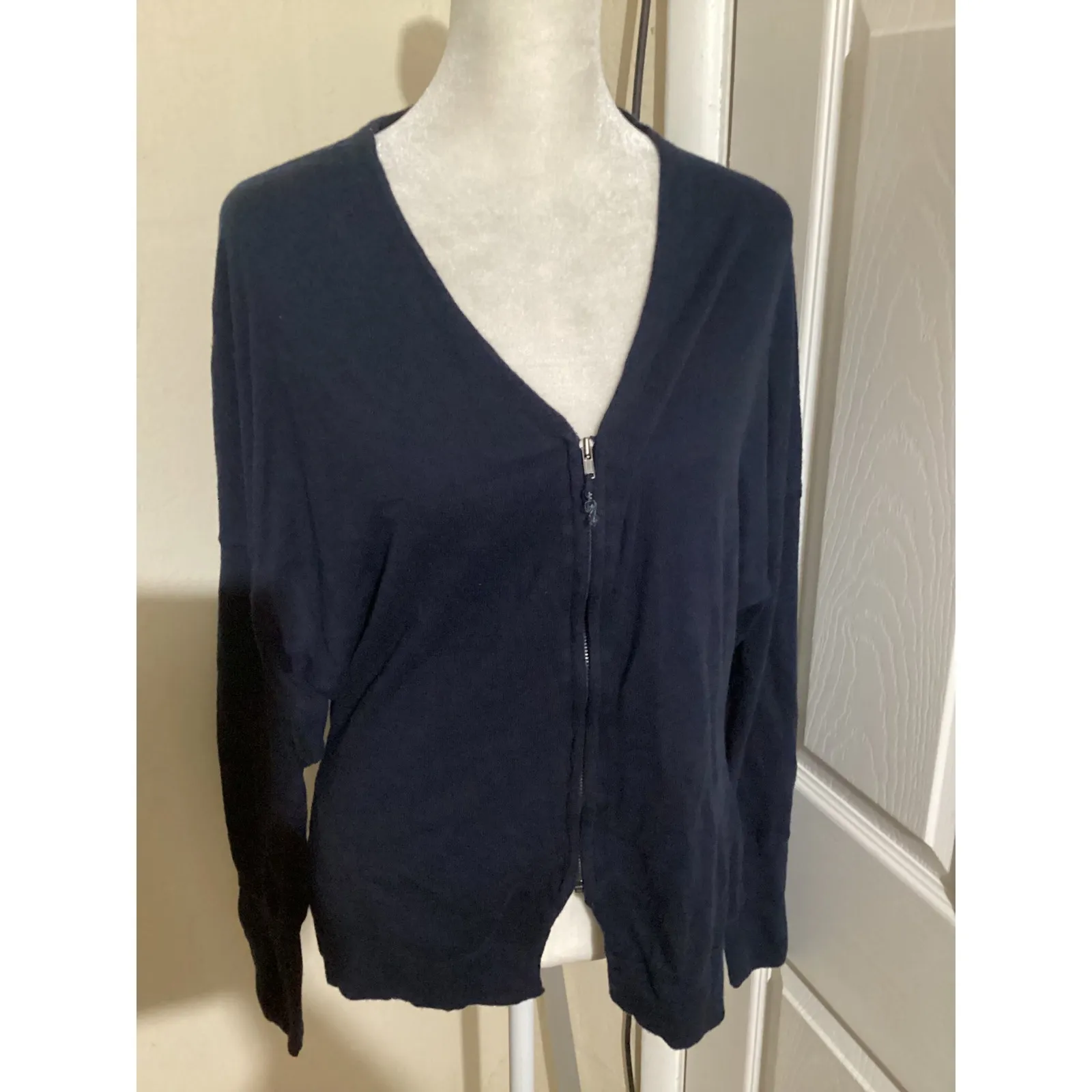 Field Flower Navy Blue Zip Front Cardigan Sweater Women's Sz S Cotton Wool Blend Black - Image 2