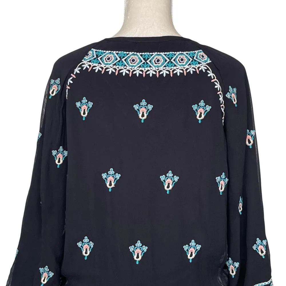 Tolani Celeste Embroidered Black Tunic Dress Women’s Size M Chiffon Tie Neck - Image 5