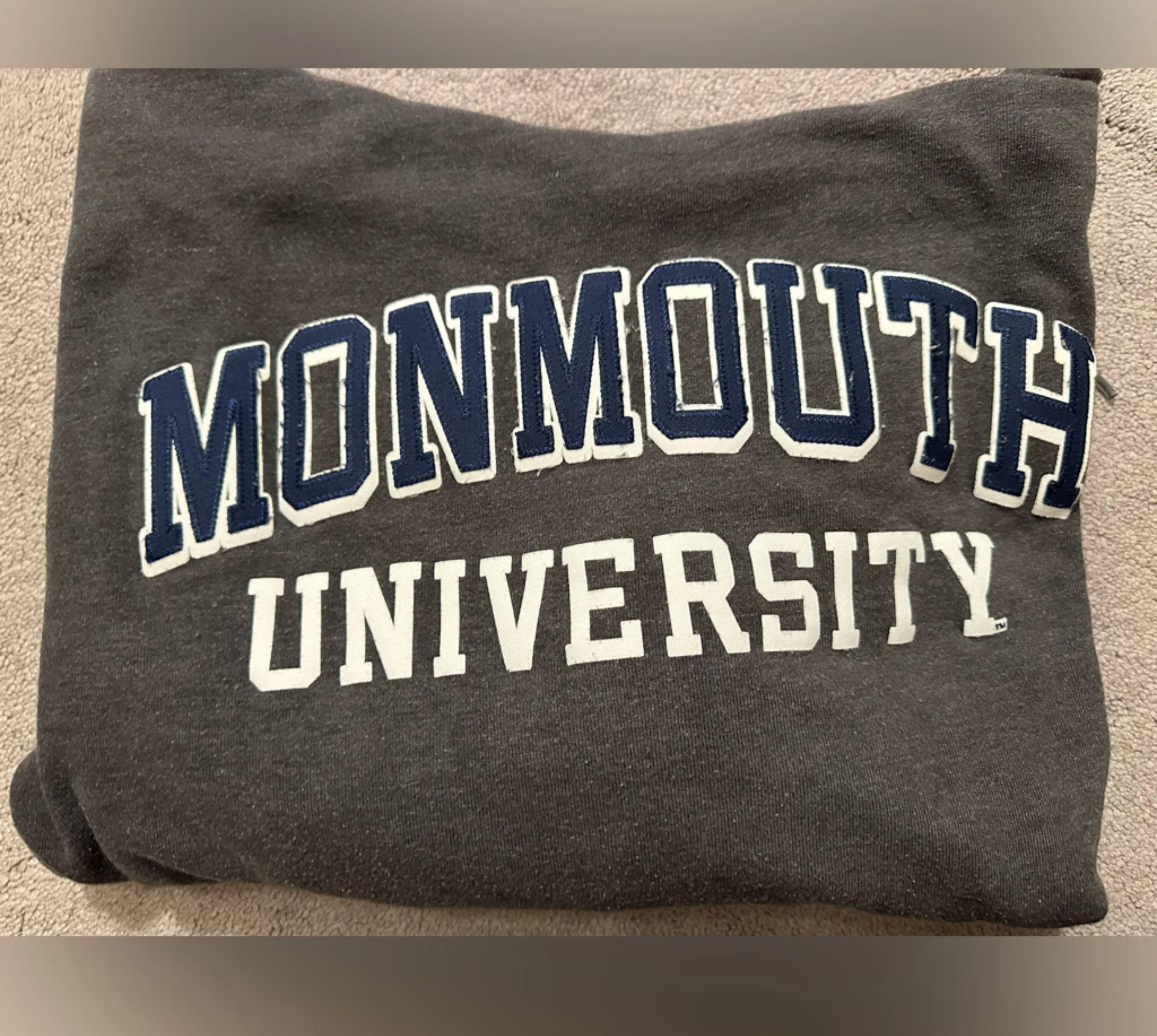 Monmouth Univesity grey drawstring sweatshirt with hood and front pocket size S - Image 3