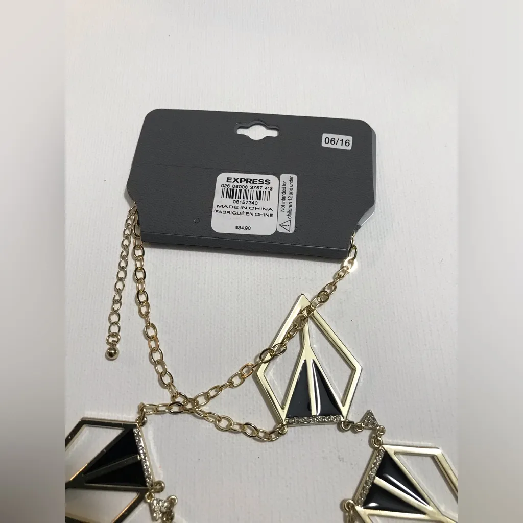 Express Gold Tone Statement Necklace Black Enamel Clear Rhinestones Spikes 14 in - Image 3