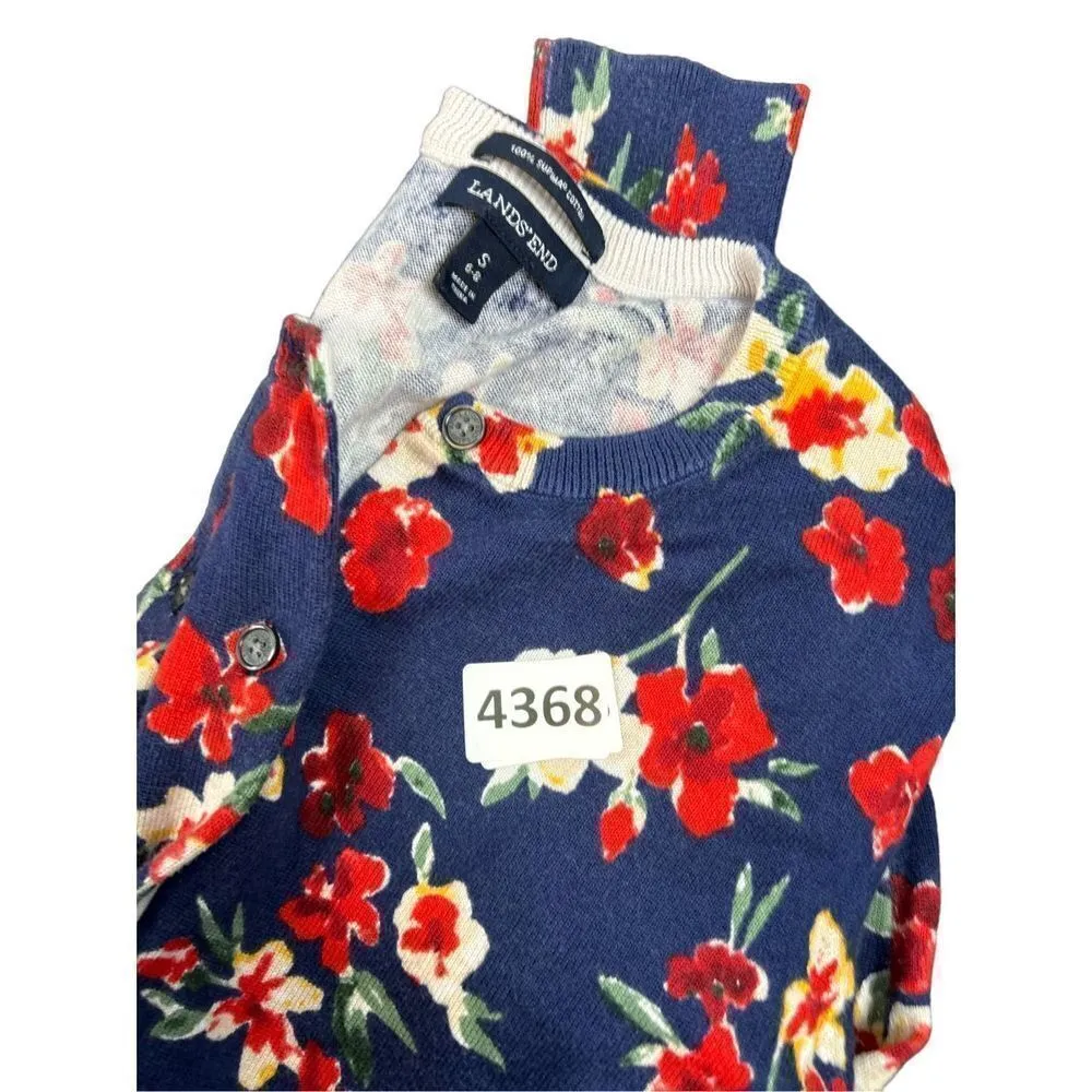 Lands' End Navy Blue Red Floral Cardigan Sweater small Supima Cotton Nice! - Image 6