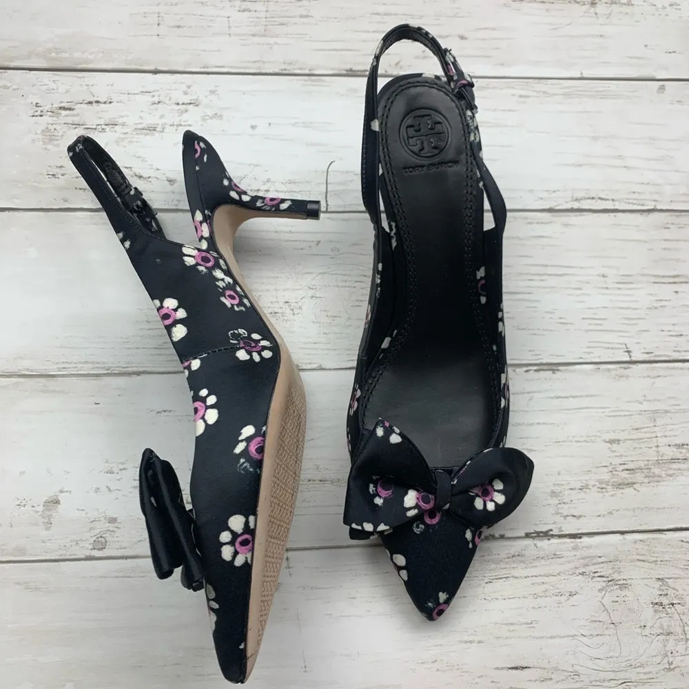 Tory Burch Rosalind Bow Pumps SlingBack Heels 7 1/2 Floral Career Classic - Image 5