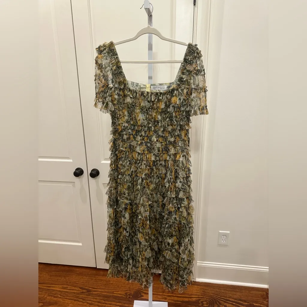 Mac Duggal 8232 Square‑Neck Micro‑Ruffle Tea‑Length Dress – Size 6 NWT Floral - Image 3