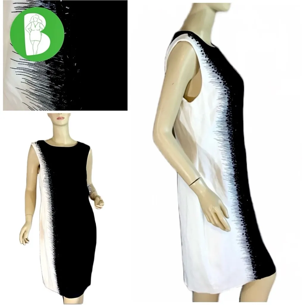 TAHARI ARTHUR S. LEVINE BLACK & IVORY BEADED COLOR CONTRAST SHIFT DRESS NWT (10) - Image 2