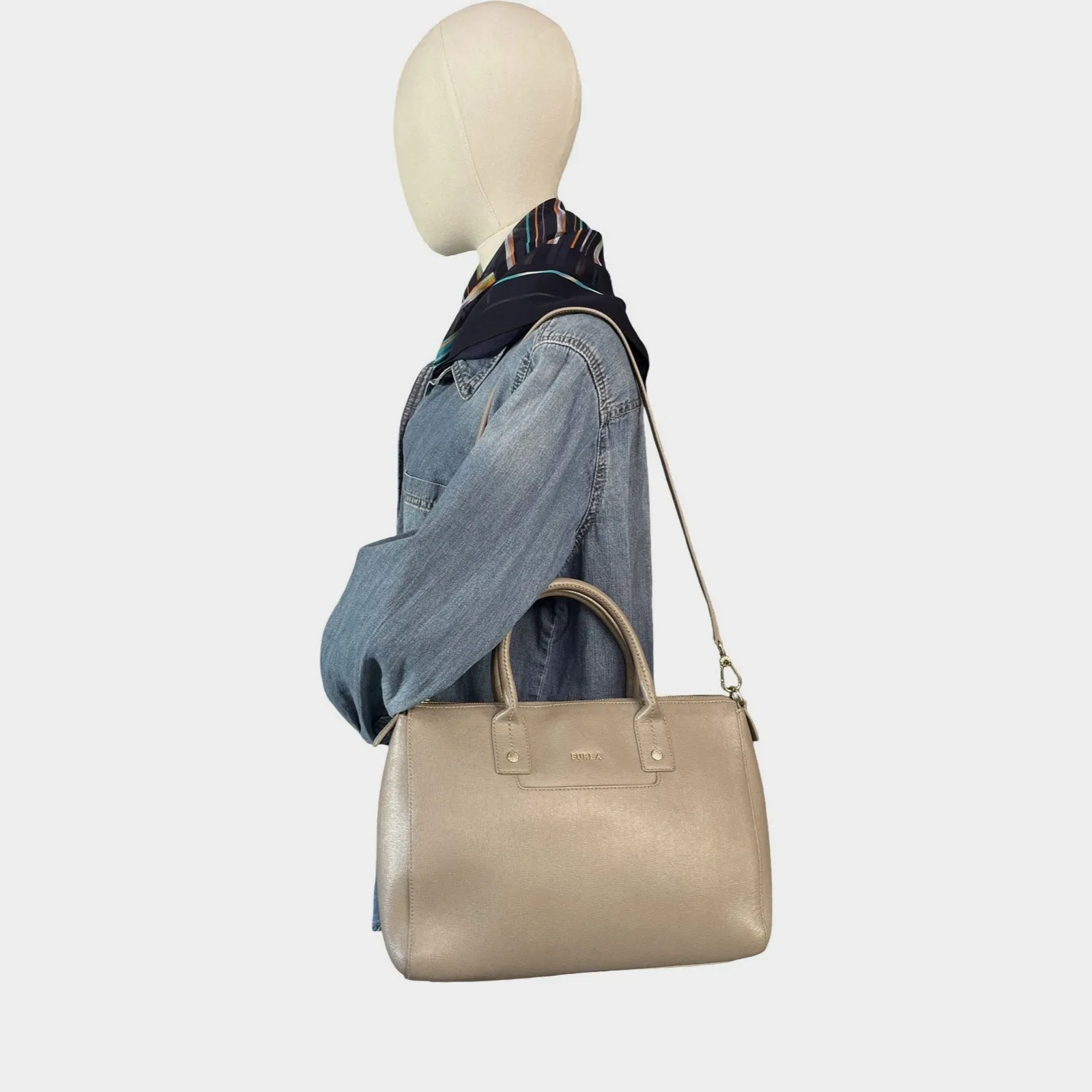 Furla Gray Saffiano Leather Satchel Tote Bag Crossbody Strap Italy Luxury - Image 11