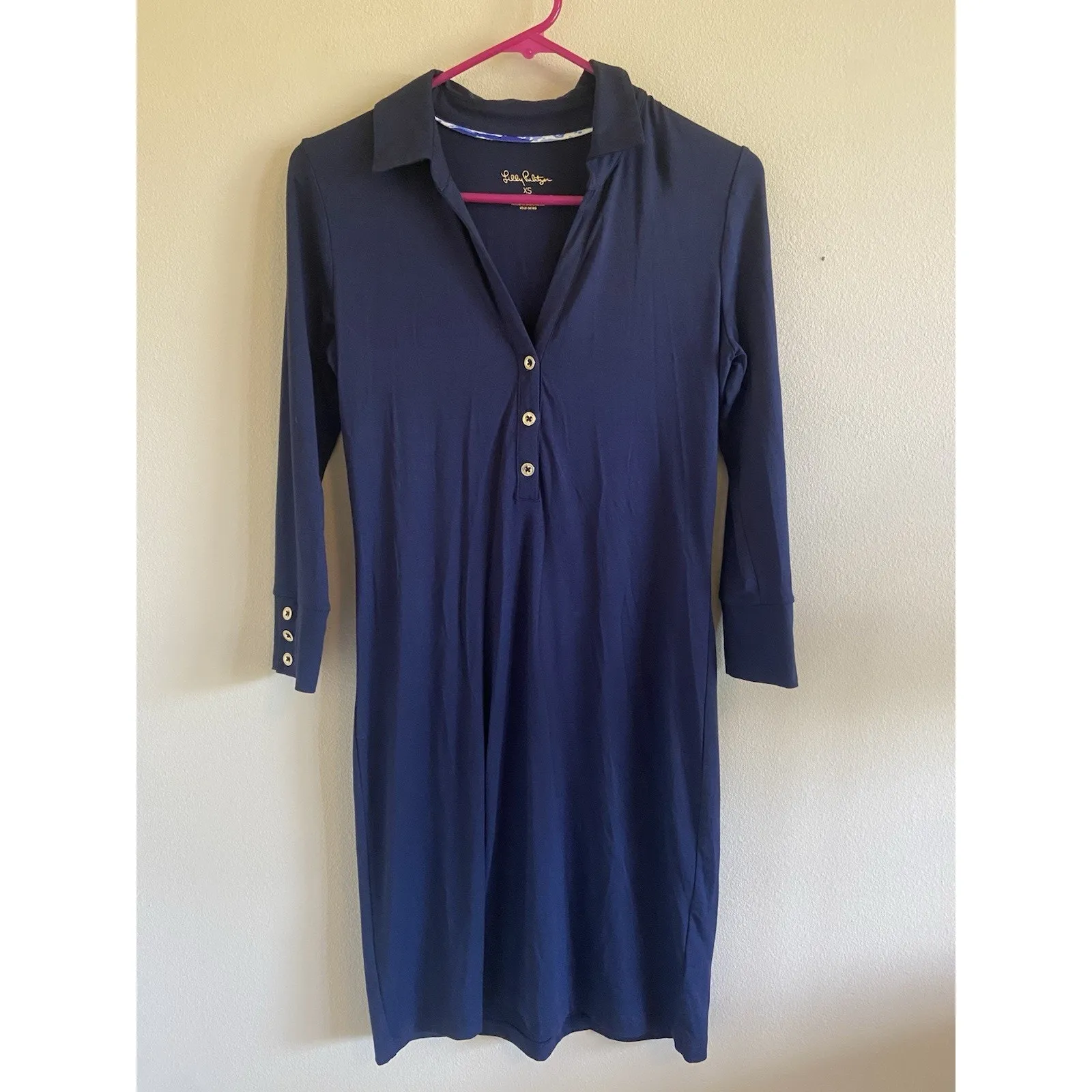 Lilly Pulitzer Navy Blue Gold Tone Button Collared Jersey Knit Dress‎ Womens XS - Image 2
