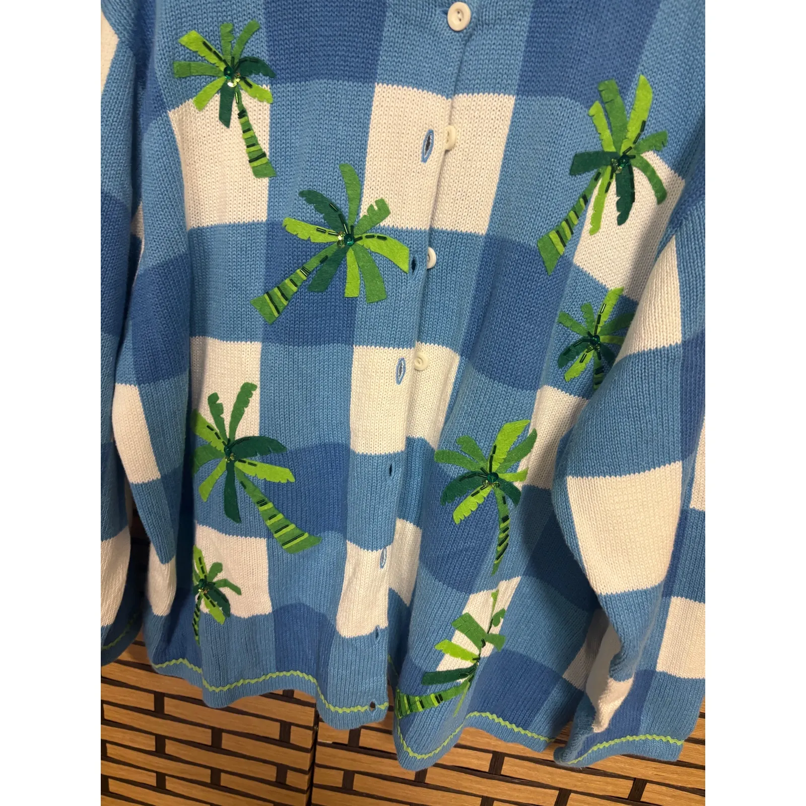 Talbots Blue White Checkered Palm Tree Embroidered Button Front Cardigan Size 2X - Image 5