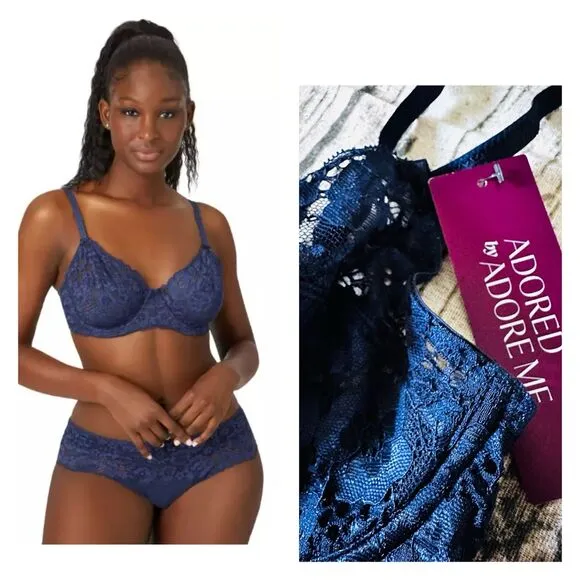 Adored By Adore Me  Women's Chelsey Unlined Underwire Bra Lace Navy Blue 32A NWT - Image 2
