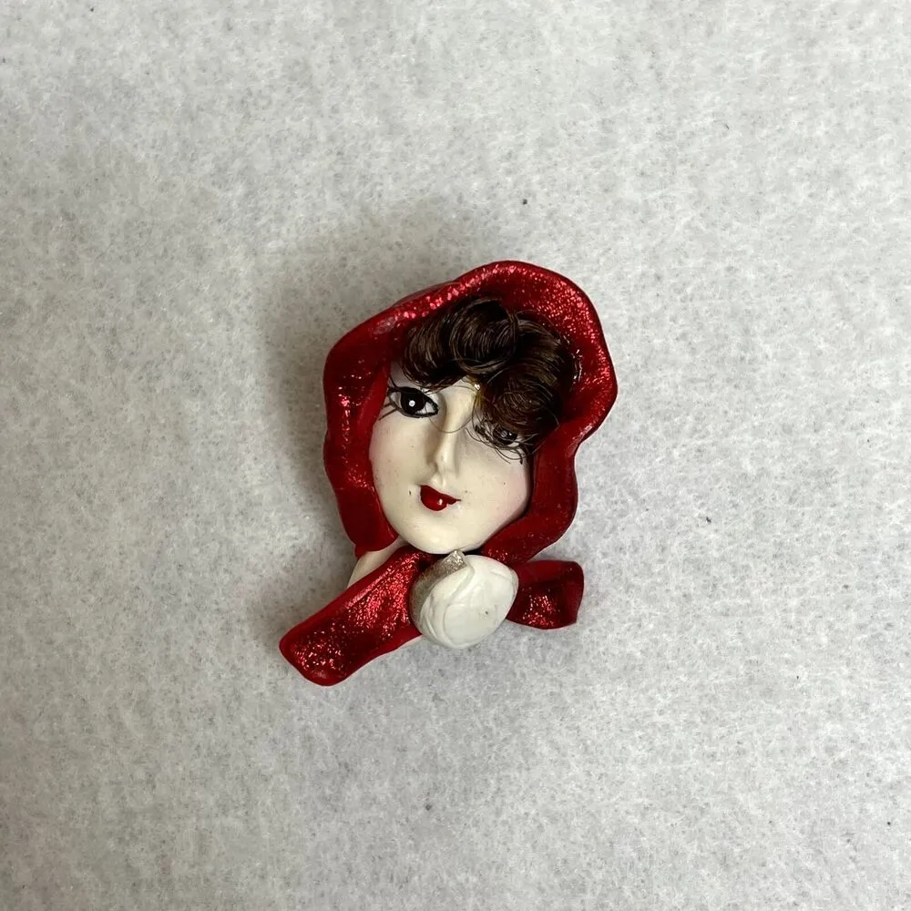 Vintage Bonnet Woman Brooch Pin Red - Image 2