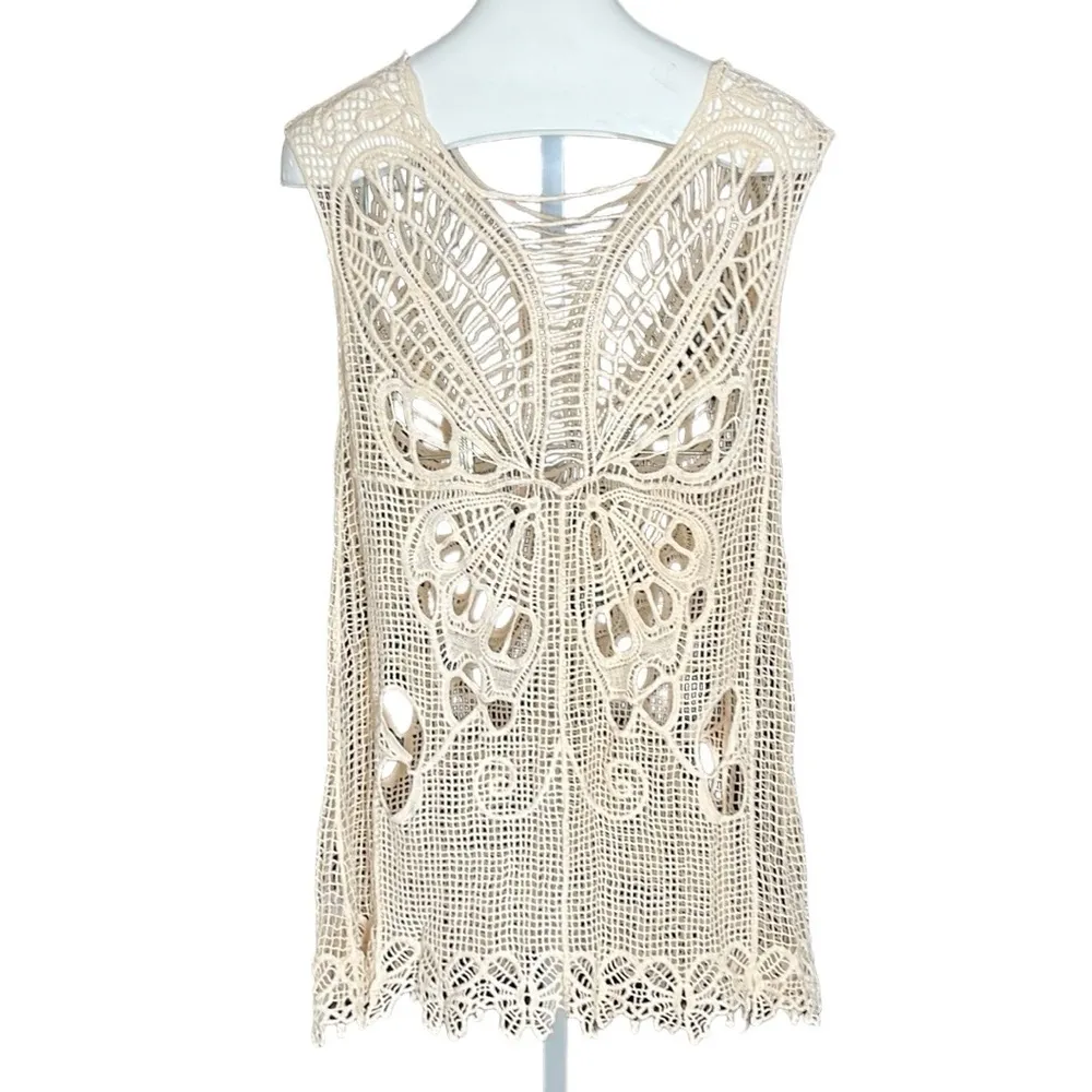 Entro Crochet Butterfly Cover Up Tunic Dress - Beige - Image 6