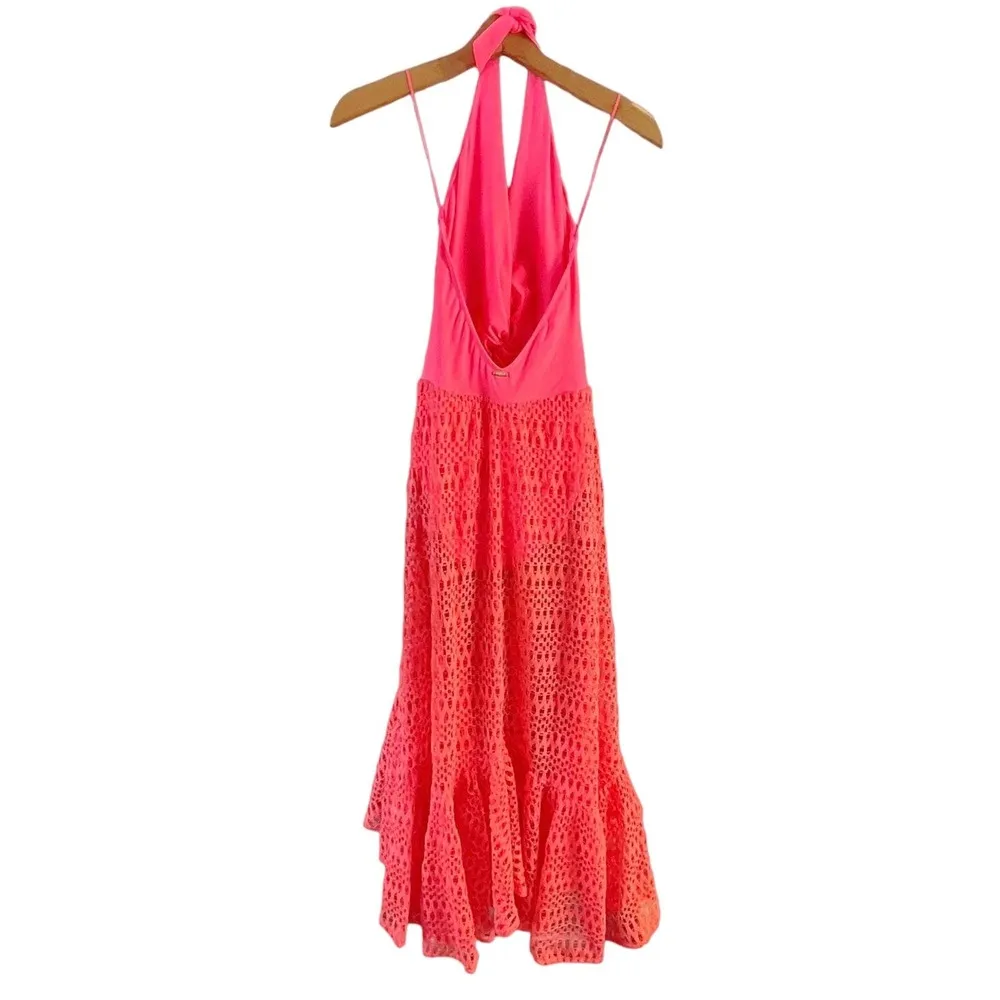 PATBO Crochet Beach Dress Halterneck Neon Coral Resort Influencer Medium NWT - Image 6